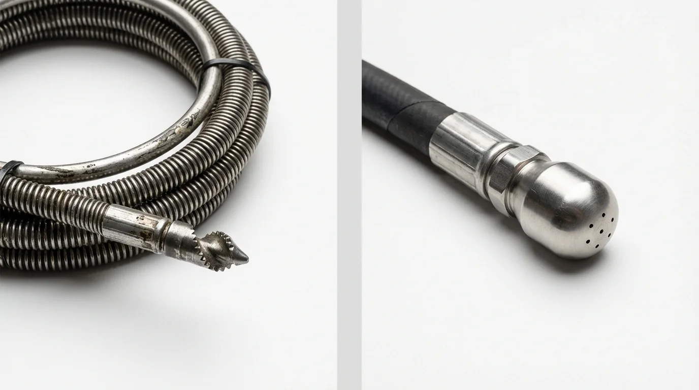 Drain snake cable and hydro jetting nozzle used for drain cleaning in Brent, AL
