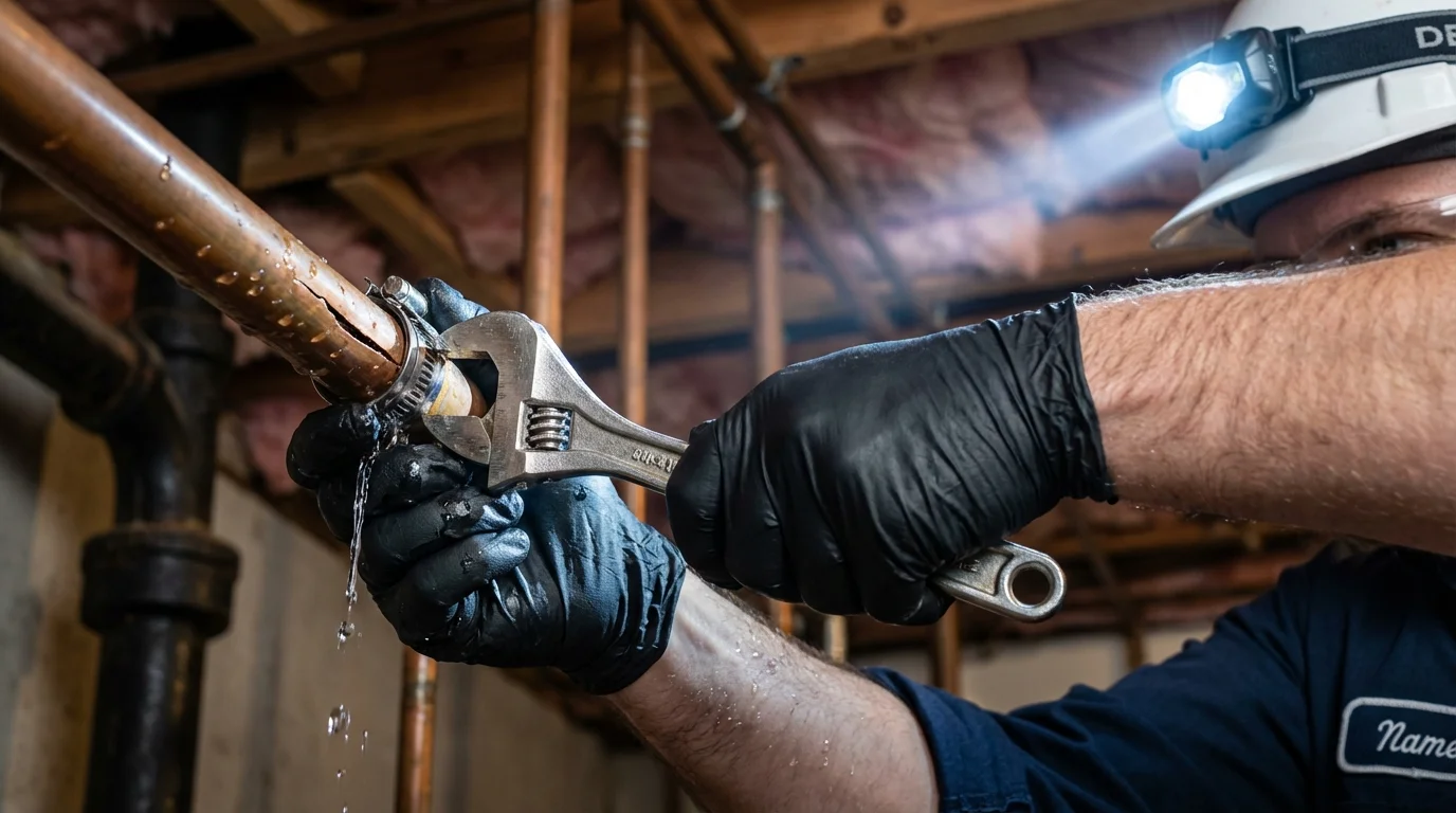Emergency pipe clamp repair being performed by a Johns Plumbing LLC plumber in Brent